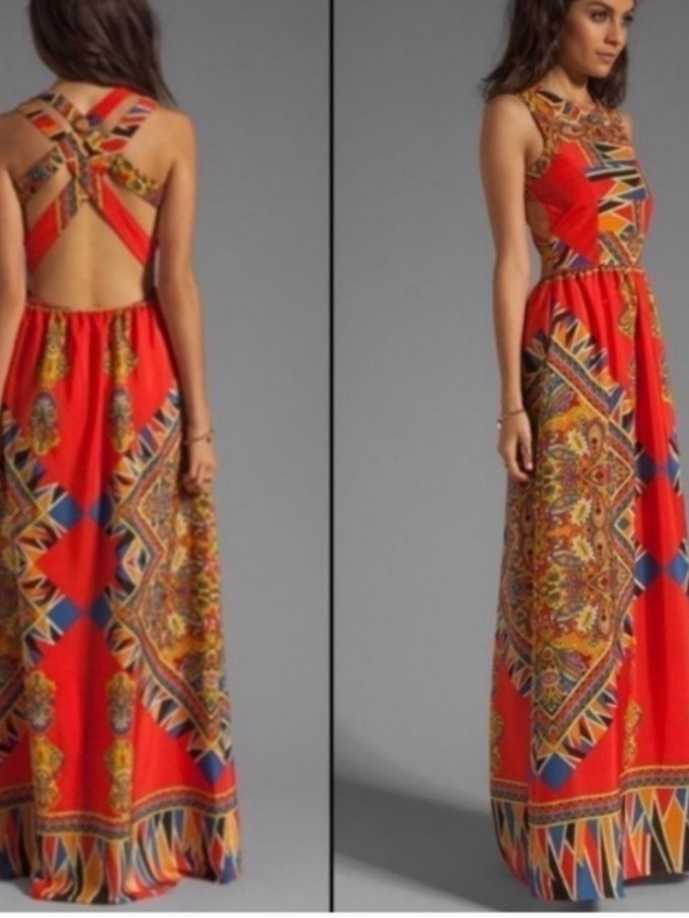 Lovers + Friends Red Multi Printed Maxi Strap Open Back Dress